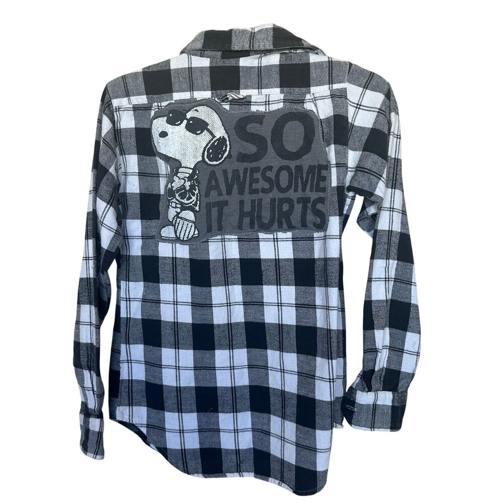 Snoopy Joe Cool Plaid Flannel Button Down Shirt Kids LARGE Unique So Awesome